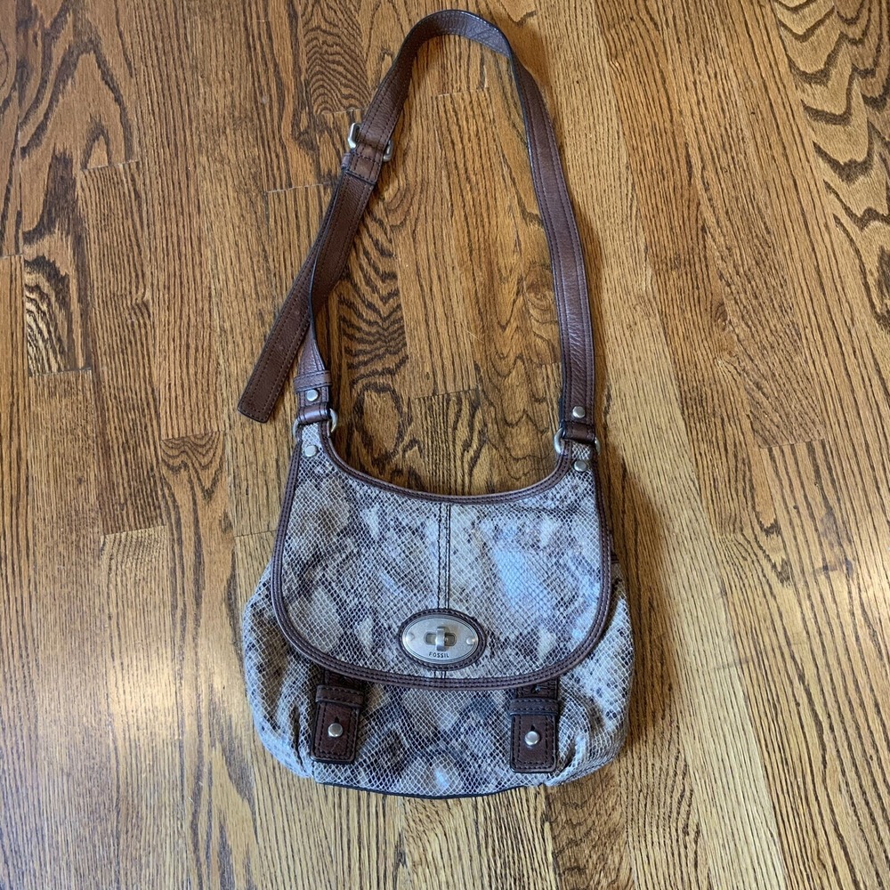 FOSSIL Snakeskin Embossed Leather Crossbody Purse Saddle Bag Messenger